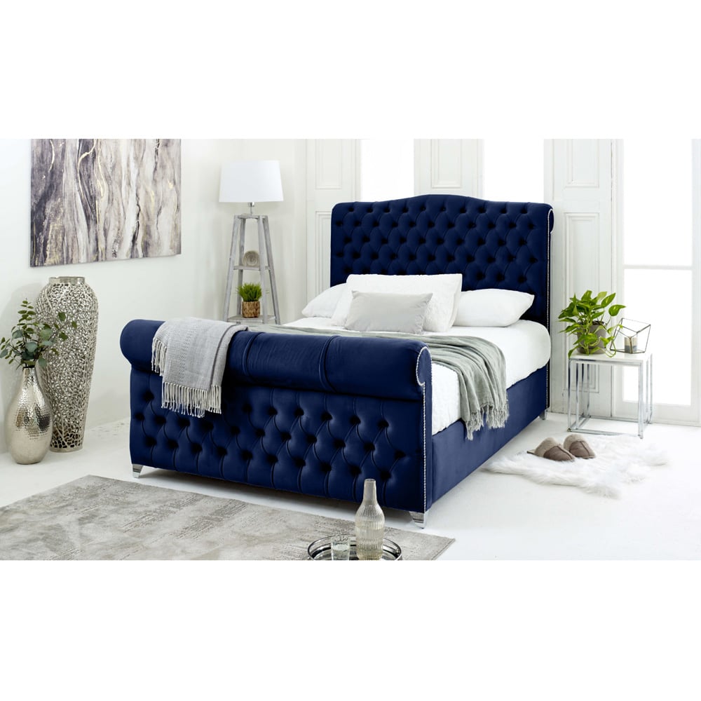 Eleganza Maynard Small Double Blue Plush Velvet Bed Frame with Matching Buttons Image 3