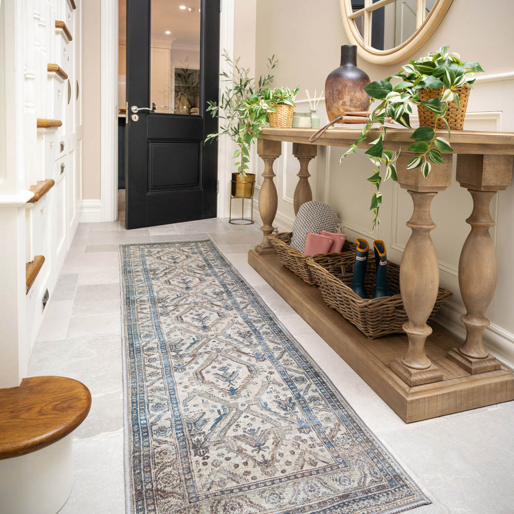 Kukoon Beige and Grey Traditional Bordered Medallion Rug 300 x 80cm Image 2