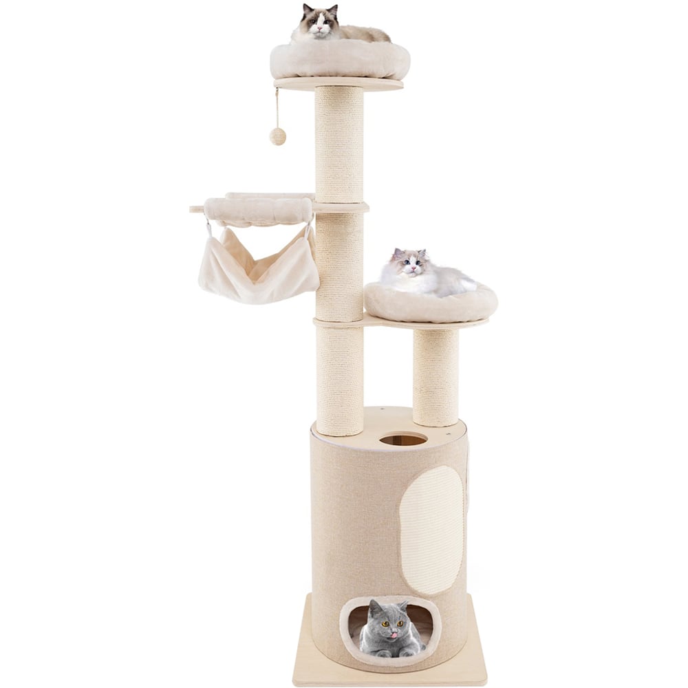 Costway Natural Wooden Cat Tower Tree with 2 Story Condo 187cm Image 1