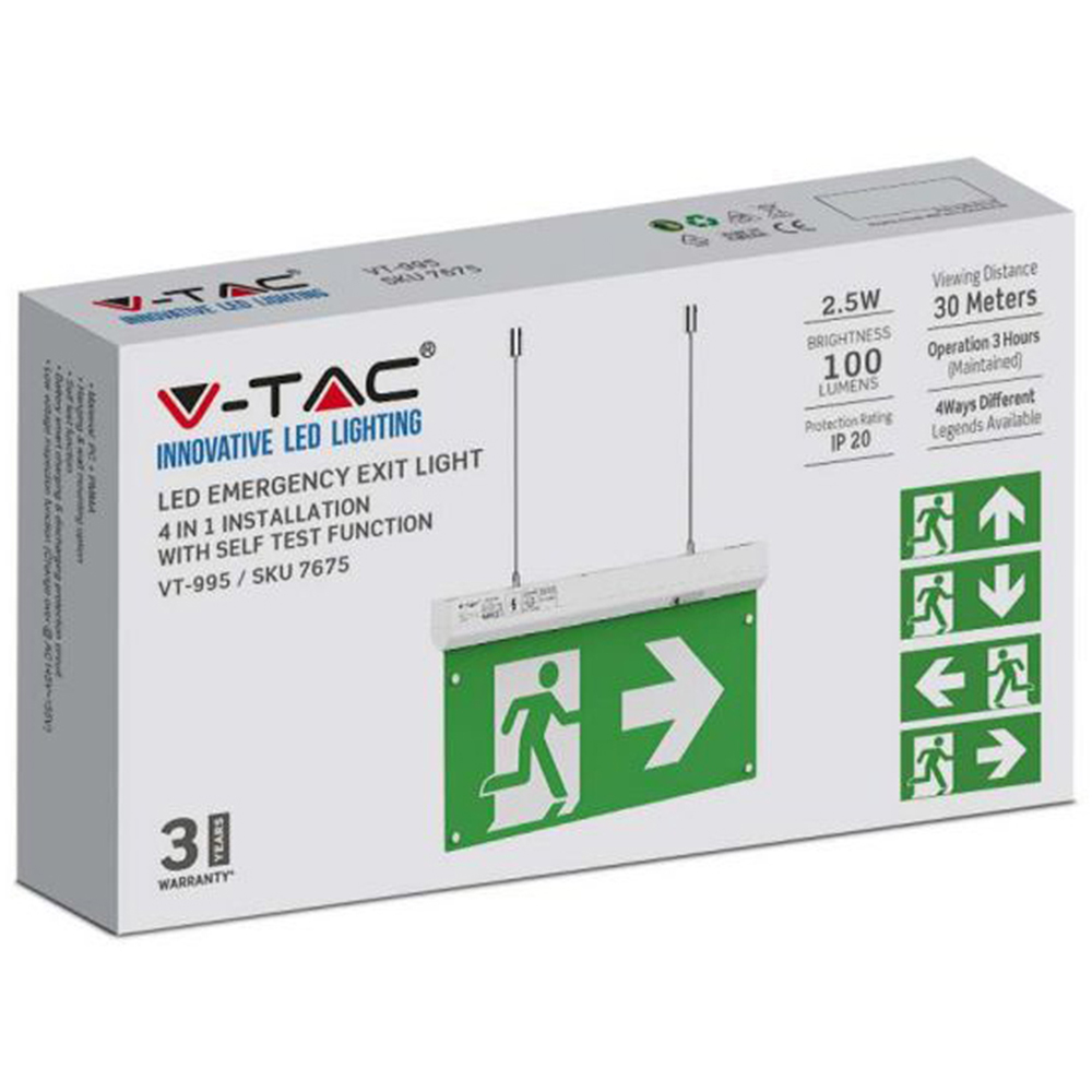 V-TAC 6000K 4 in 1 Emergency Exit Light with Self Test and RF Control Image 5