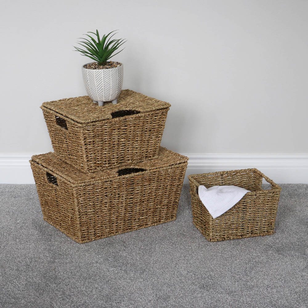 JVL Seagrass Rectangular Storage Baskets with Lids Set of 3 Image 2