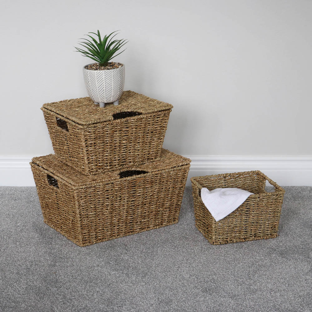 JVL Seagrass Rectangular Storage Baskets with Lids 3 Pack Image 2