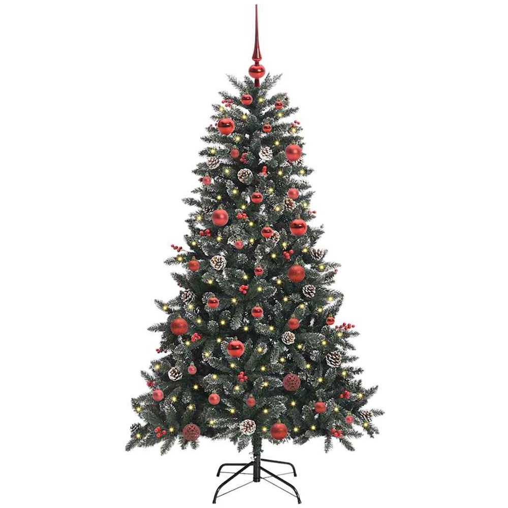vidaXL Pre-Lit Red Bauble Pinecones Berries Green Snow Flocked Artificial Christmas Tree 5ft Image 1
