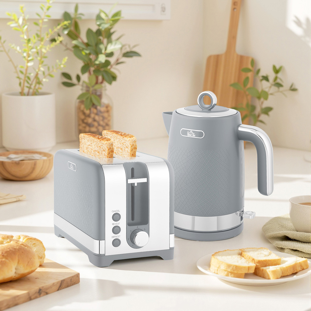 HOMCOM 800-281V70GY Grey Rapid Boil 1.7L Kettle and 2 Slice Toaster Set Image 2