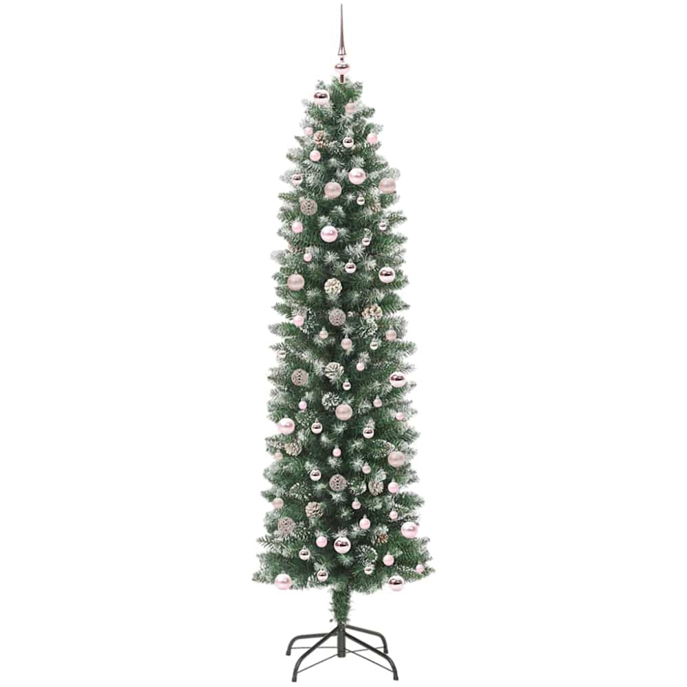 vidaXL Pre-Lit Warm White LED and Pink Baubles Green Slim Artificial Christmas Tree 8ft Image 2