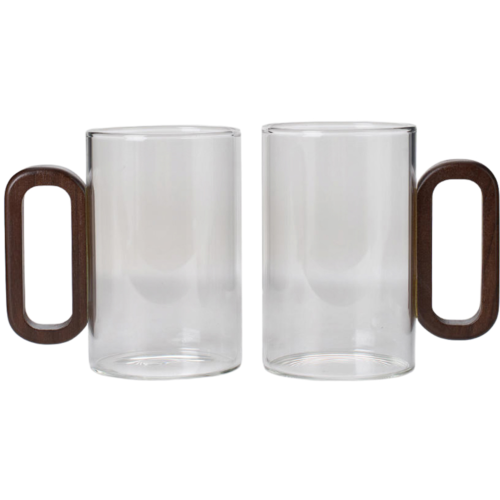 Living and Home 6 Piece Transparent Borosilicate Glass Wooden Handle Mug Set 360ml Image 2