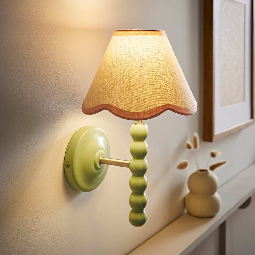 ValueLights Pink Trim Scallop Shade Green Bobbin LED Wall Light with Bulb Image 3