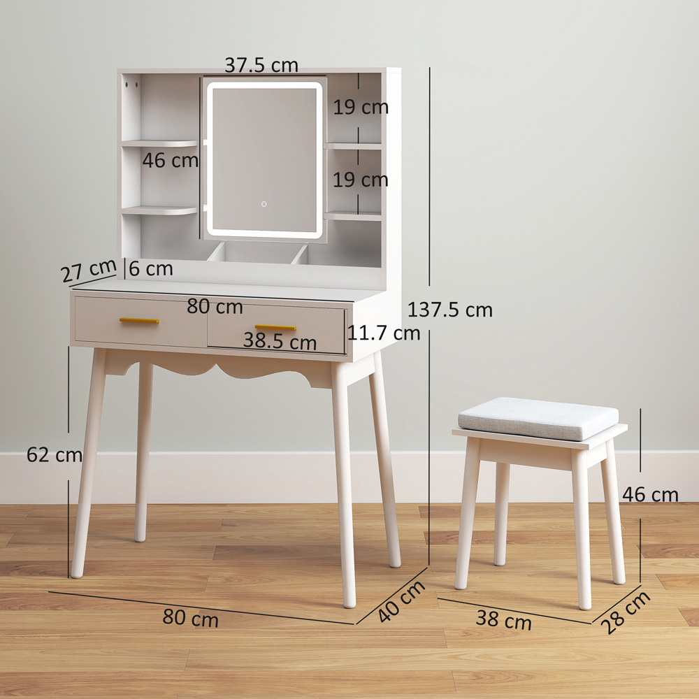 HOMCOM White LED Mirror Dressing Table with Cushioned Stool Image 9