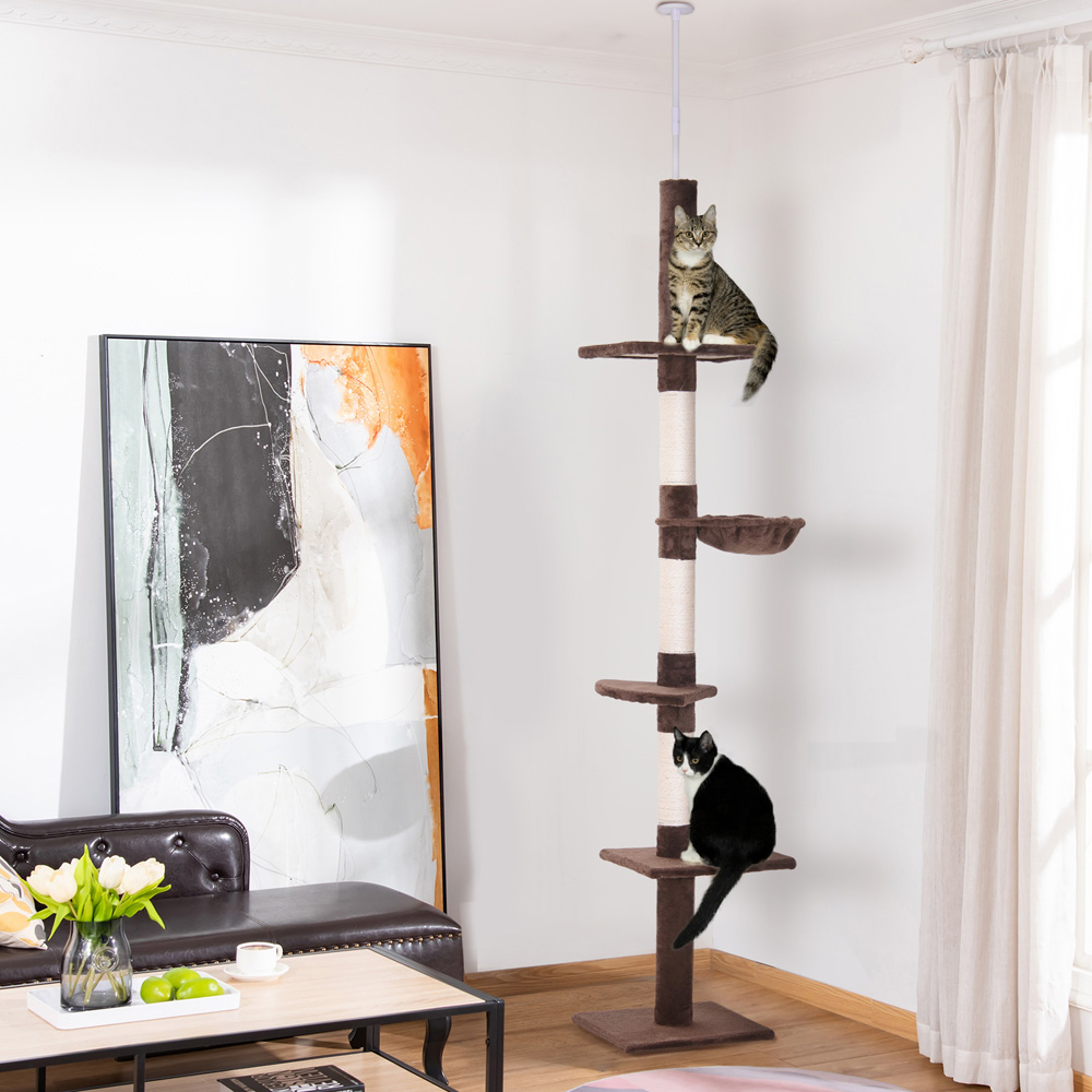 PawHut 5 Tier Brown and White Floor to Ceiling Cat Tree Image 2