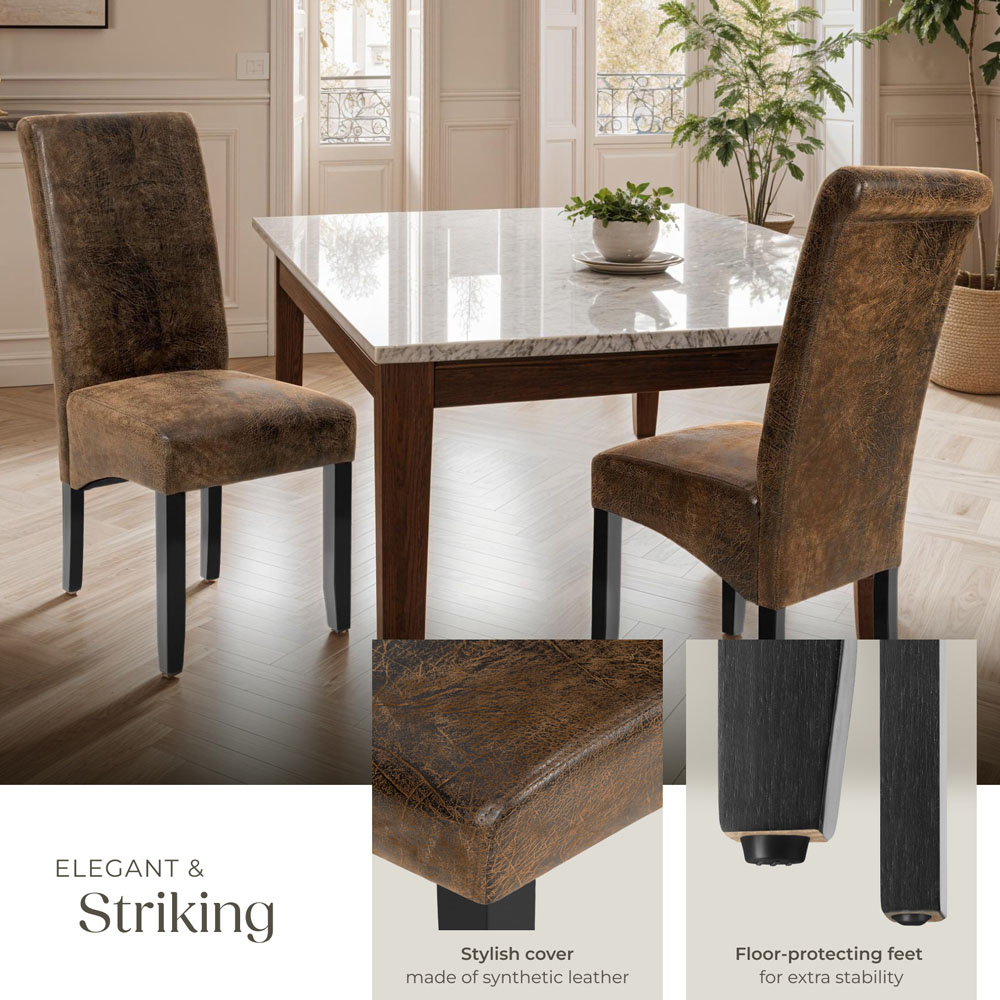 tectake Set of 4 Antique Brown Faux Leather High Backrest Dining Chair Image 4