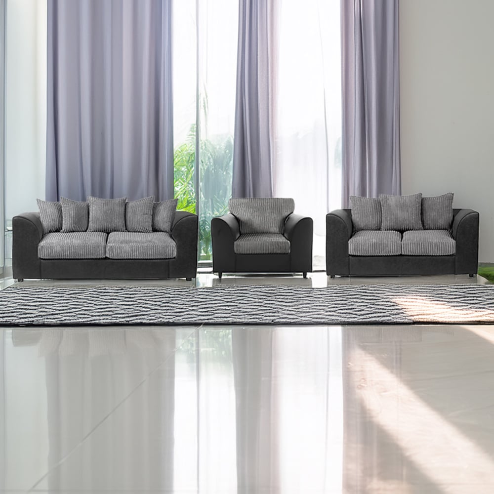 Luxor 6 Seater Black and Grey Jumbo Cord Scatter Back Sofa Suite Image 1