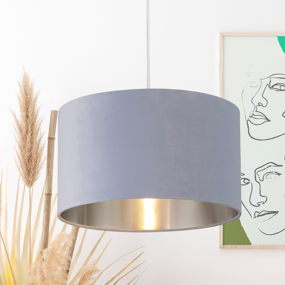 Lighting Collection Light Blue Silver Inner Velvet Drum Shade Image 2