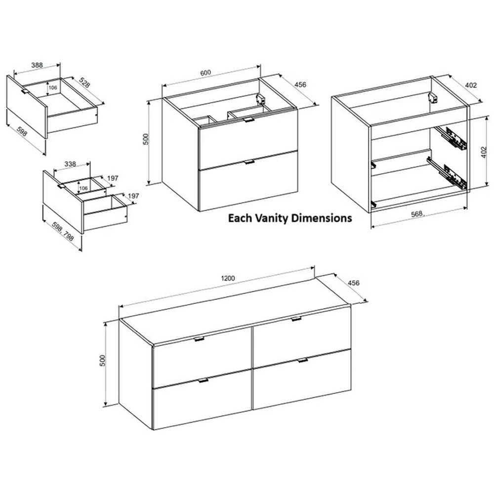 Impact Furniture Dalia 4 Drawer Beige Fluted Countertop Double Vanity Unit 1200mm Image 9