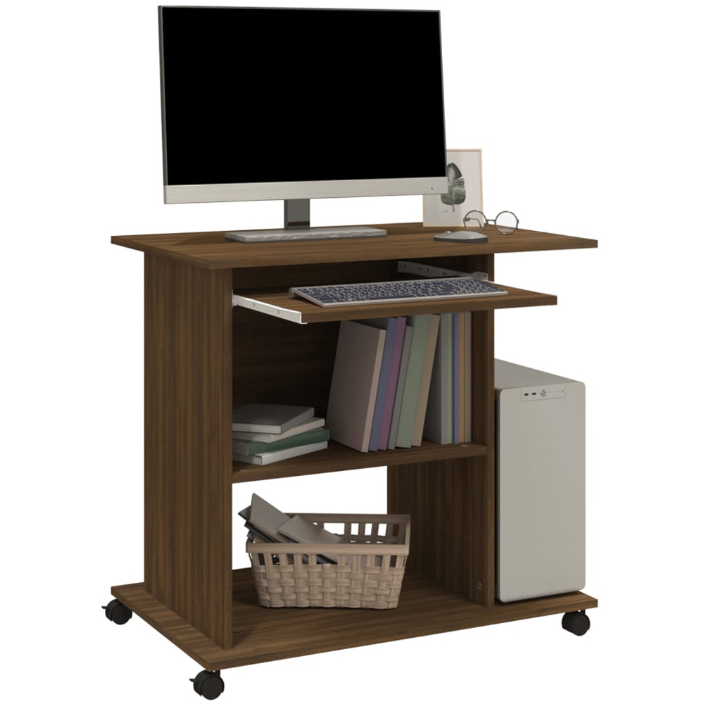 vidaXL 3 Shelf Wheeled Computer Desk with Keyboard Tray Brown Oak Image 4
