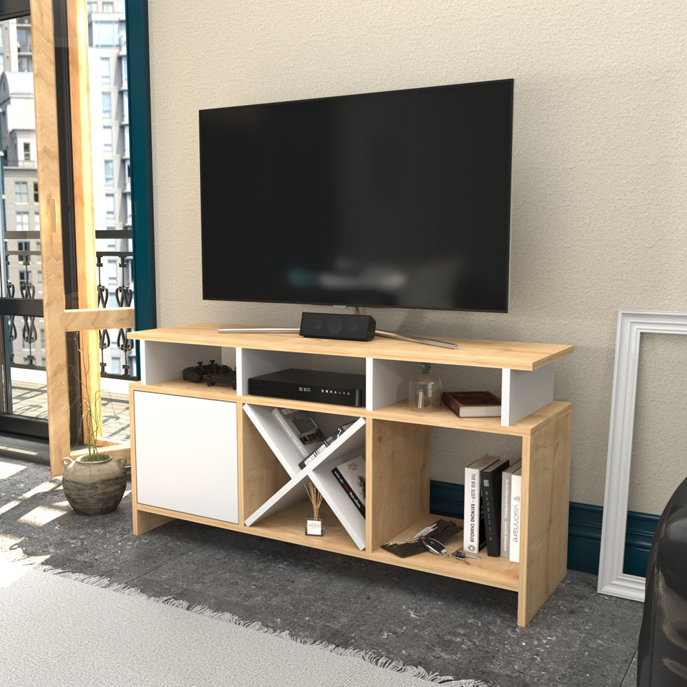 Decorotika Aurburn Single Door 8 Shelf Sapphire Oak and White TV Unit Image 3