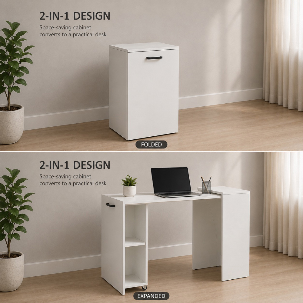 Shefa Line Flexi 2-in-1 2 Shelf Folding Computer Desk White Image 7