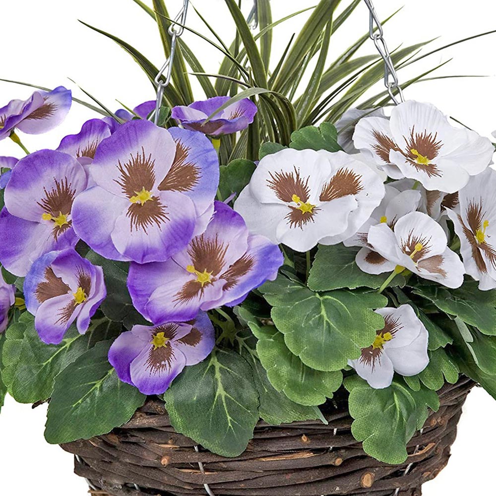 GreenBrokers Artificial Purple and White Pansies Round Rattan Hanging Plant Baskets 2 Pack Image 2