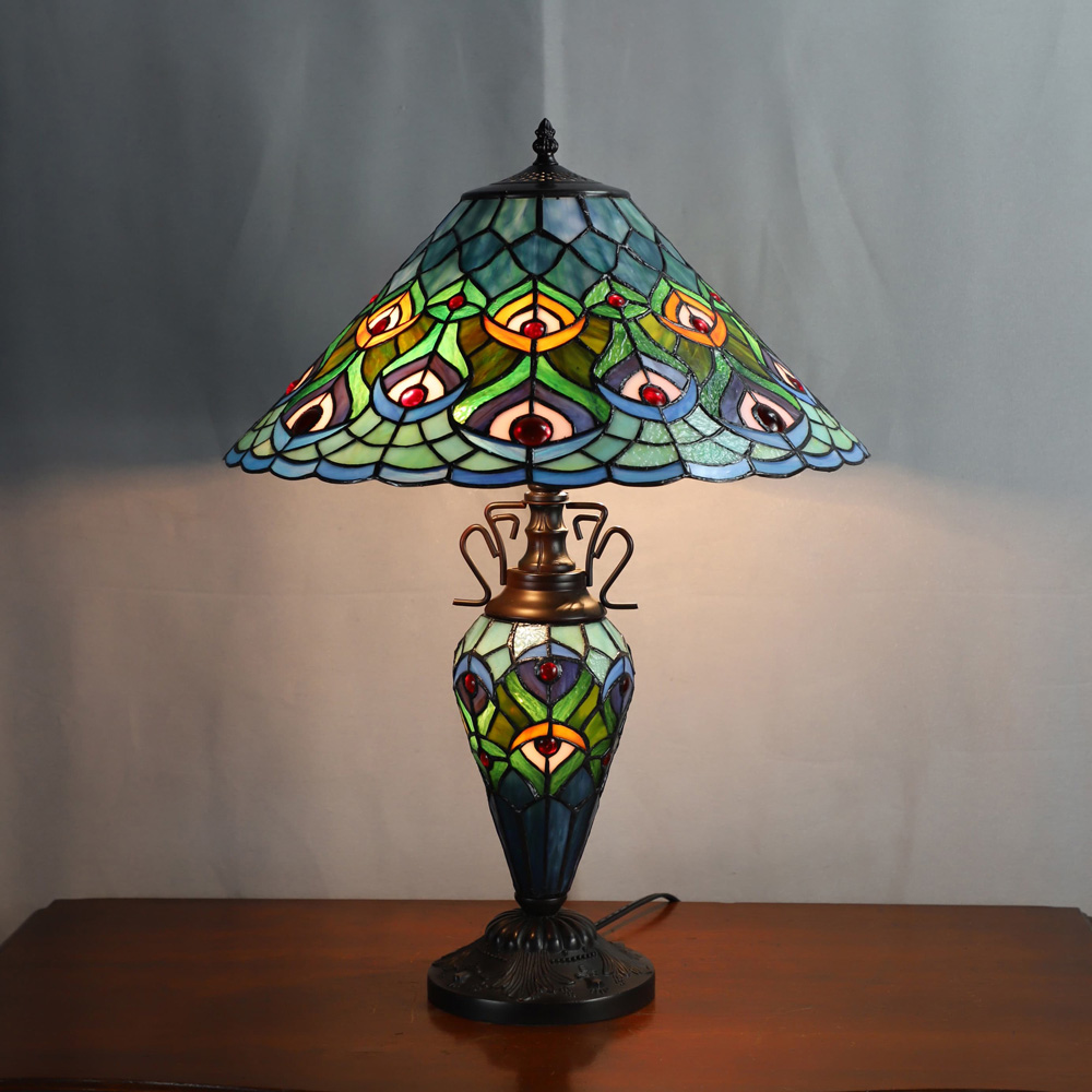 Acacia Home Double Tiffany Stained Glass Table Lamp Antique Metal Base Image 2