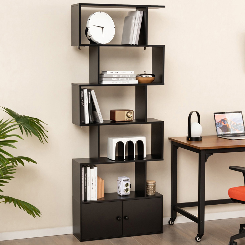 Costway 2 Door 5 Shelf Black S Shaped Bookcase Image 1