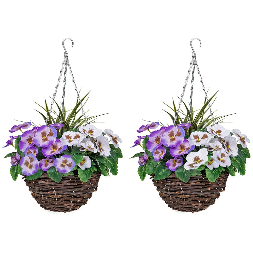GreenBrokers Artificial Purple and White Pansies Round Rattan Hanging Plant Baskets 2 Pack Image 1