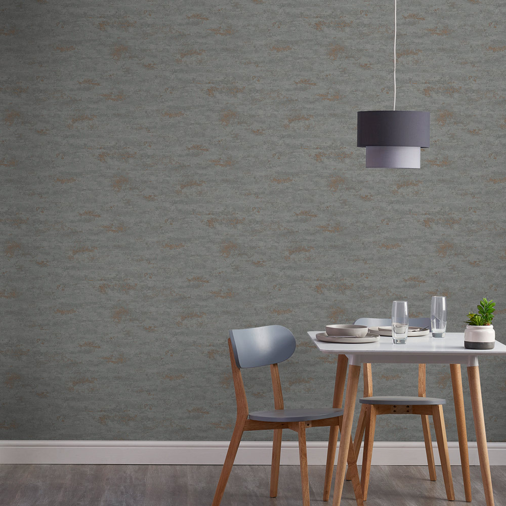 Grandeco On The Rocks Distressed Concrete Stone Charcoal Grey and Copper Wallpaper Image 3