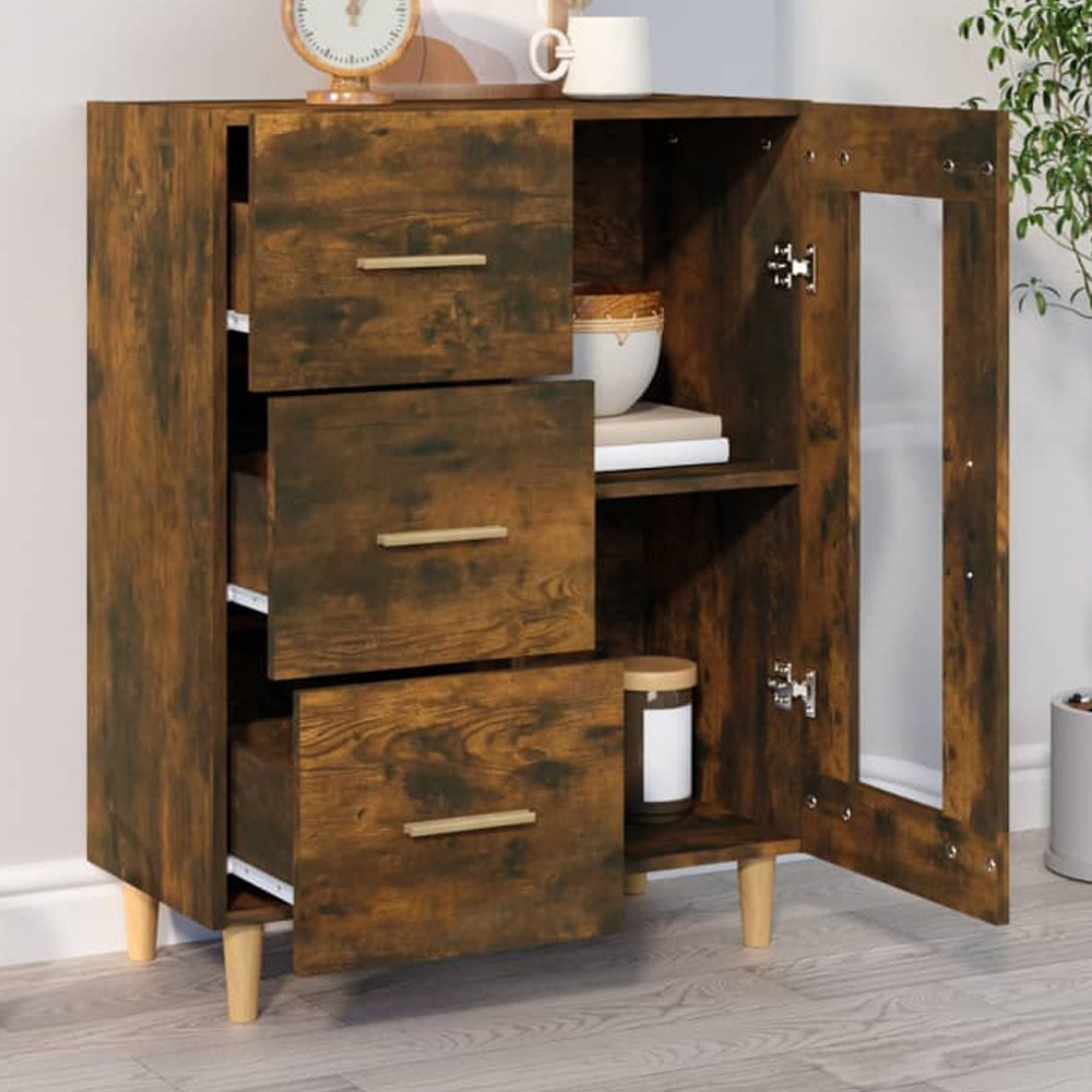 vidaXL Single Glass Door 3 Drawer Smoked Oak Sideboard Image 1