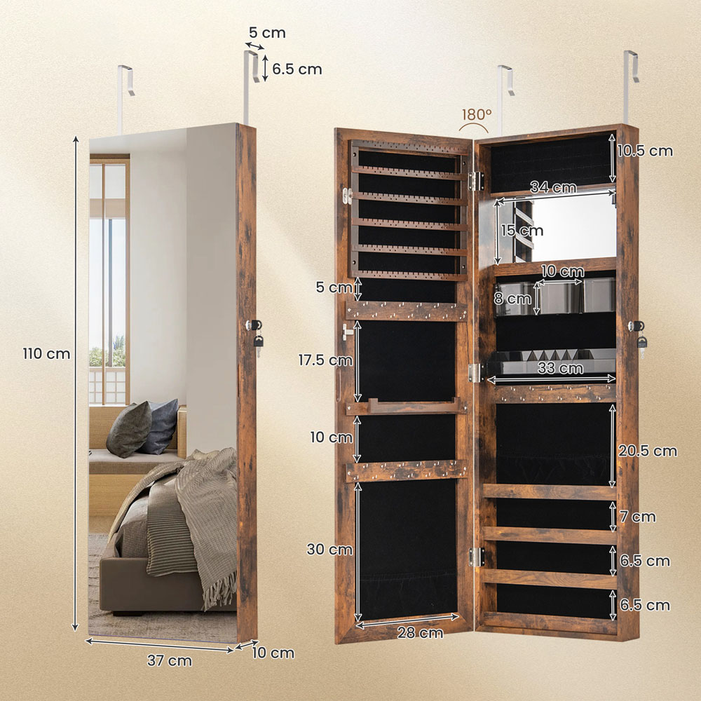 Costway Single Door Rustic Brown Mirrored Jewellery Cabinet Image 9