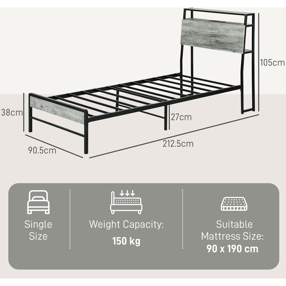 Portland Single Cement Grey Bed Frame with Charging Station and Lights Image 9