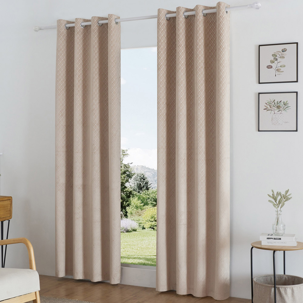Alan Symonds Temple Latte Velvet Blackout Ring Top Eyelet Curtains 117 x 229cm Image 1