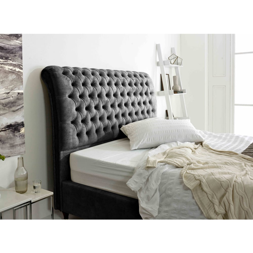 Eleganza Alisyn Super King Gunmetal Marble Fabric Bed Frame with Sleigh Headboard Image 2