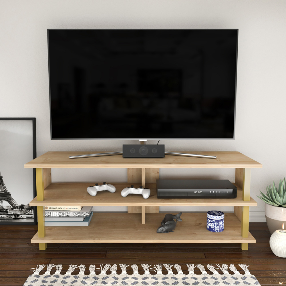 Decorotika Pueblo 4 Open Shelf Gold and Oak Wide TV Unit Image 4