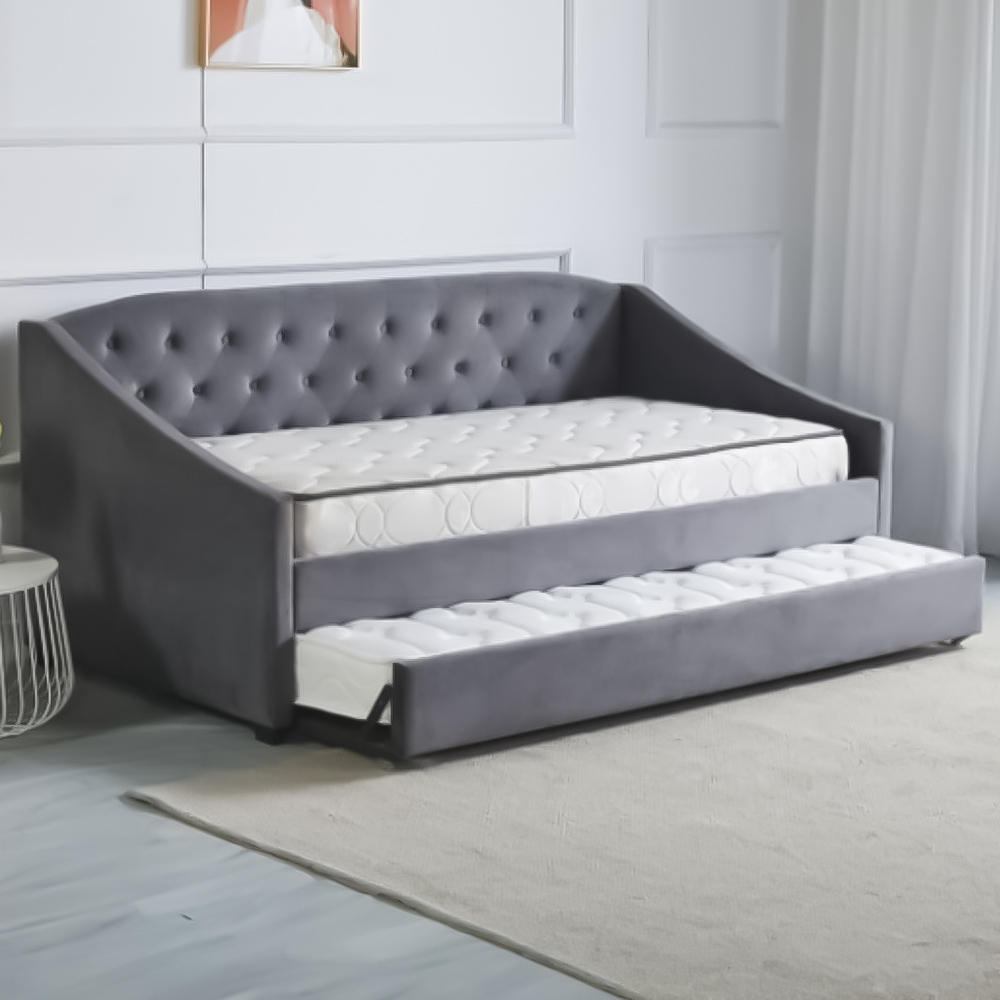 Portland Single Grey Velvet Tufted Day Bed with Trundle and 2 Mattress Image 2