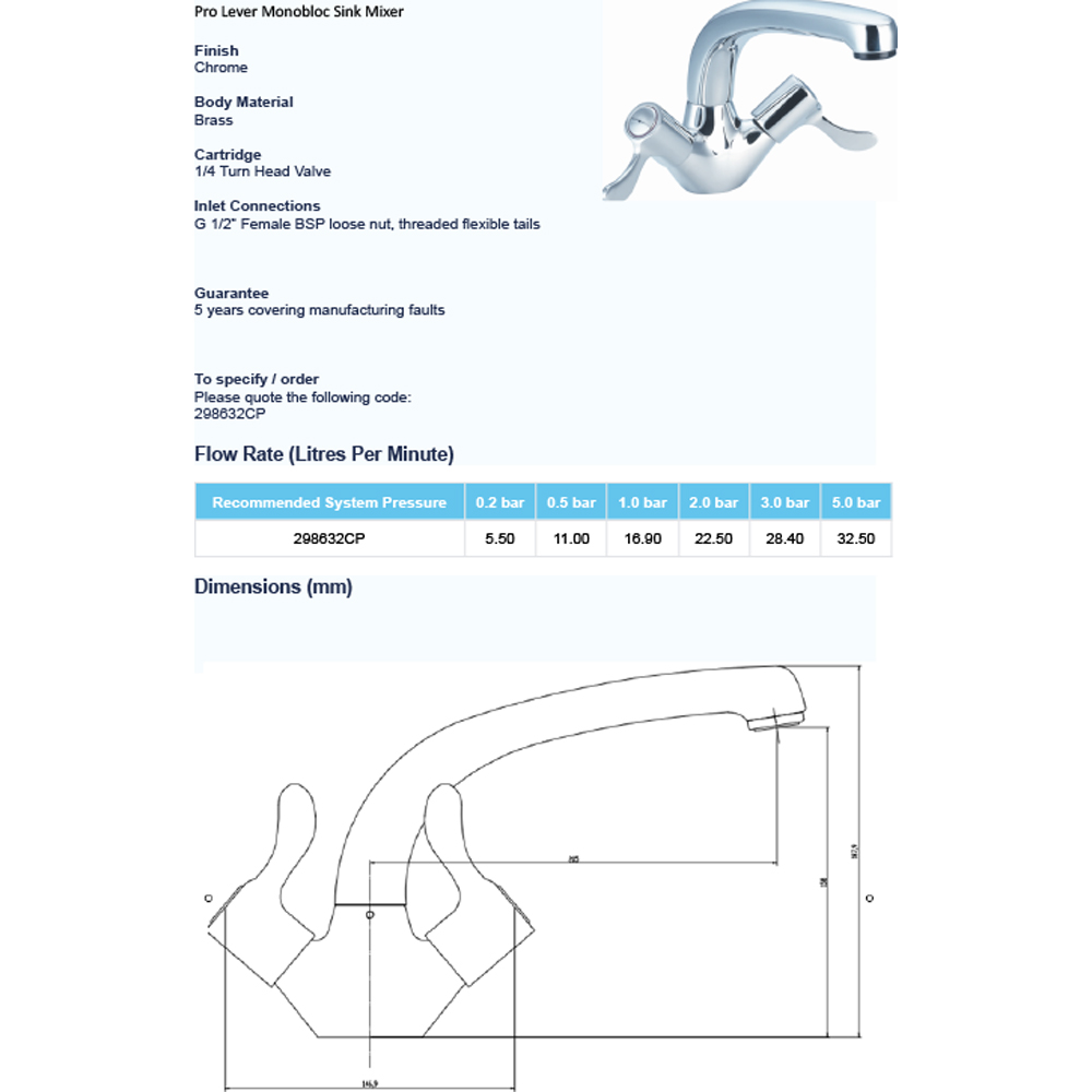 Pro Lever Mono Sink Mixer Image 2