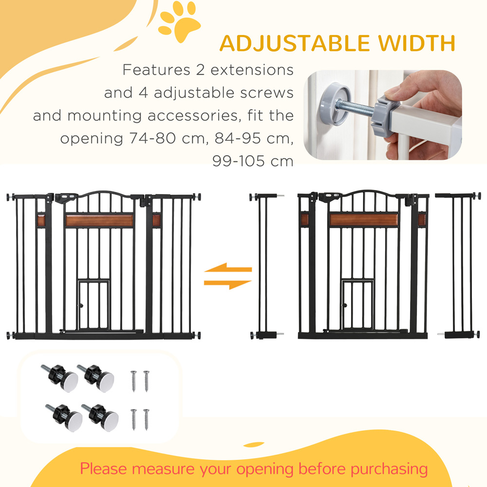 PawHut Black 74-105cm Pine and Metal Pet Safety Gate with Cat Door Image 5