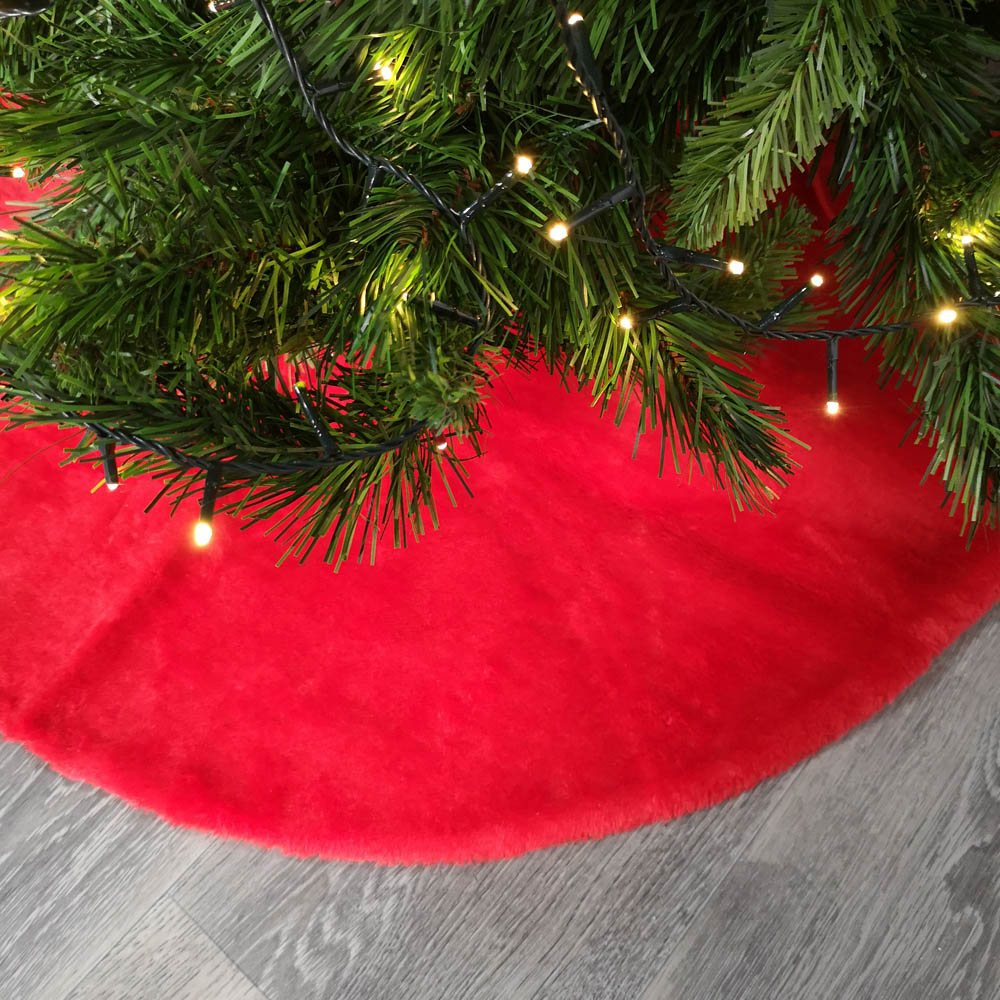 Samuel Alexander Red Fluffy Plush Christmas Tree Skirt with Ribbon Ties 90cm Image 4