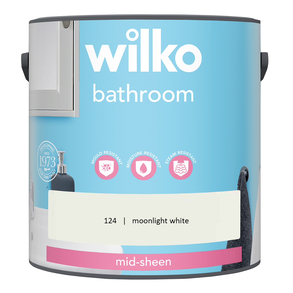 Wilko Bathroom  Moonlight White Mid Sheen Emulsion  Paint 2.5L Image 2