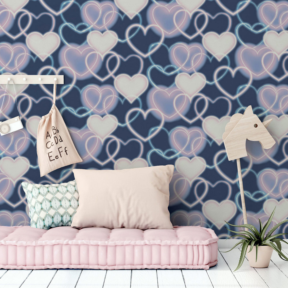 Arthouse Neon Heart Wall Navy and Pink Wallpaper Image 4