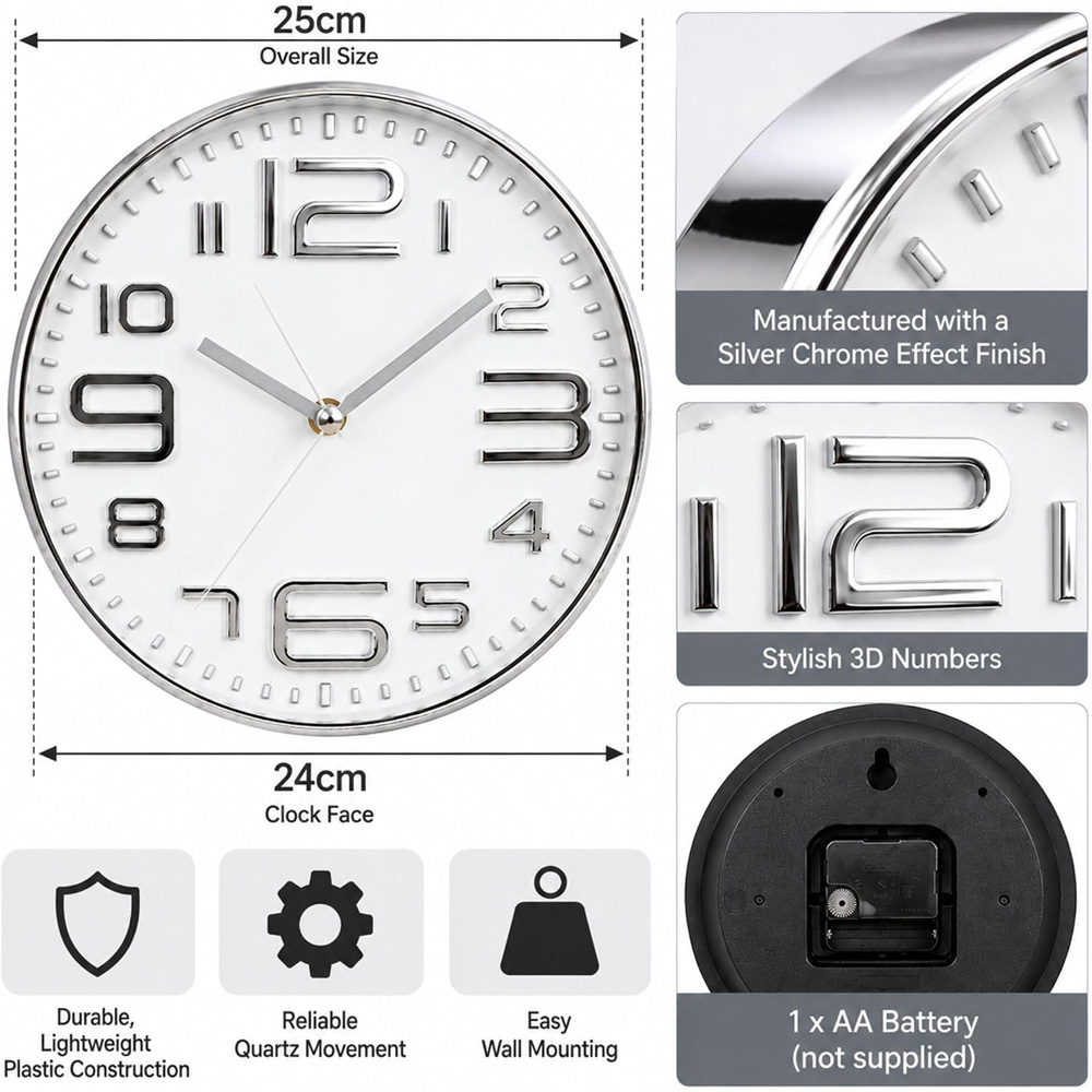 Marco Paul Chrome Finish Round Wall Clock 25cm Image 7