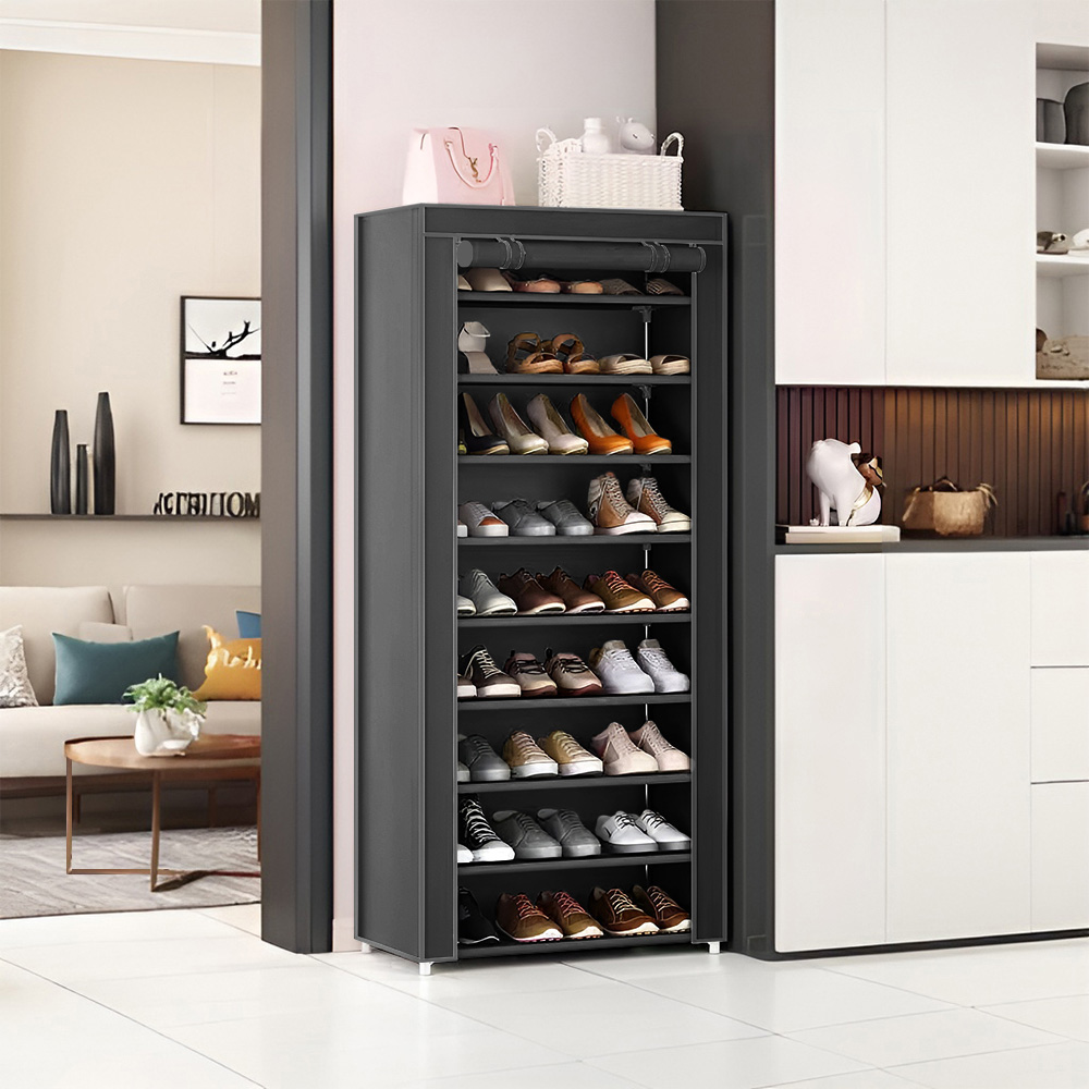 H&O Direct 9 Shelf Black Shoe Cabinet with Roll Up Door and Side Pocket Image 5