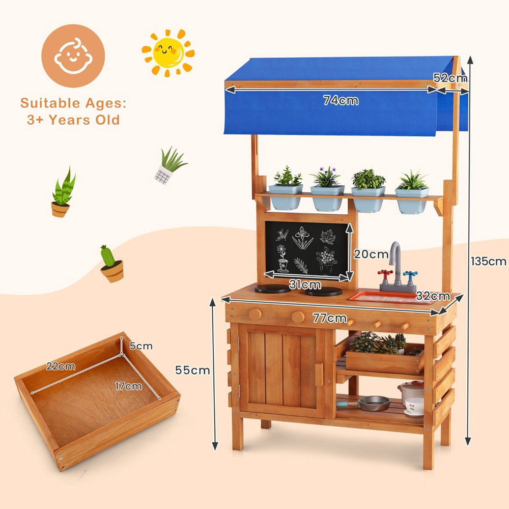 Costway Kids Natural Fir Wood Kitchen Play Set with Adjustable Canopy and Sink Image 7