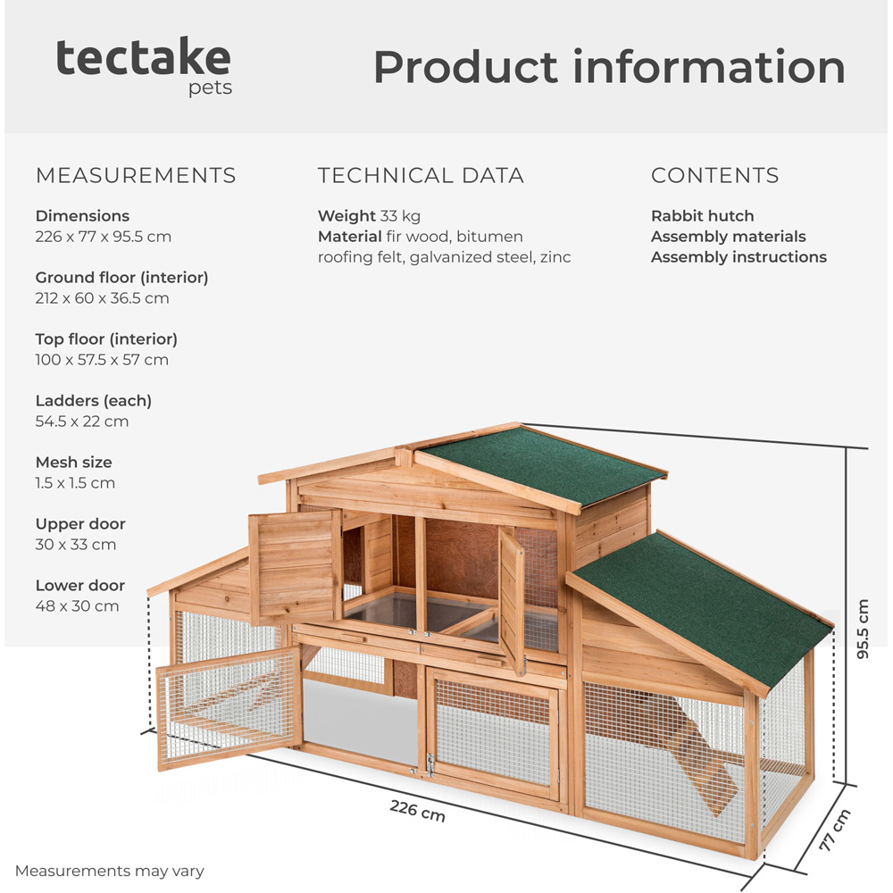 tectake Wooden Rabbit Hutch 226 x 77 x 95.5cm Image 9