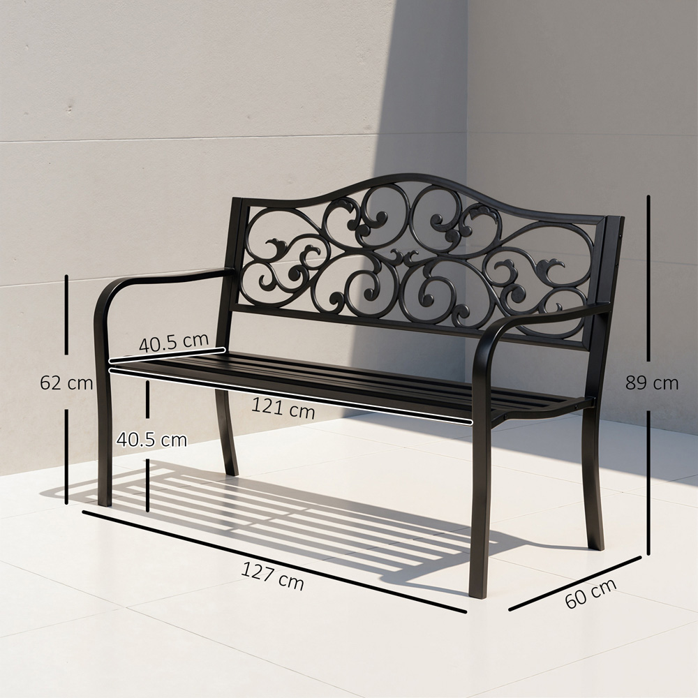 Outsunny 2 Seater Black Floral Back Metal Garden Bench Image 9