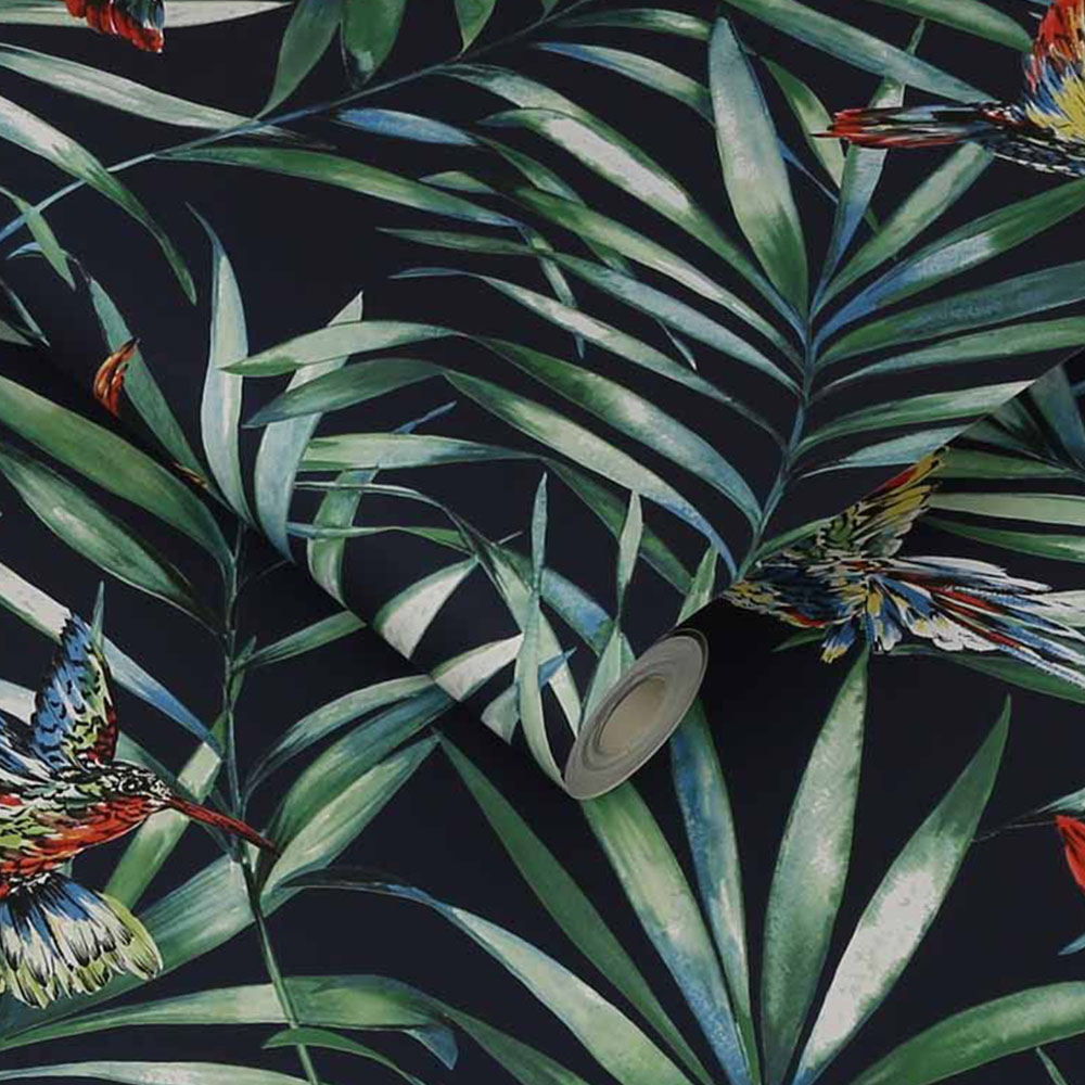 Fresco Hummingbird Navy Tropical Floral Wallpaper Image 2