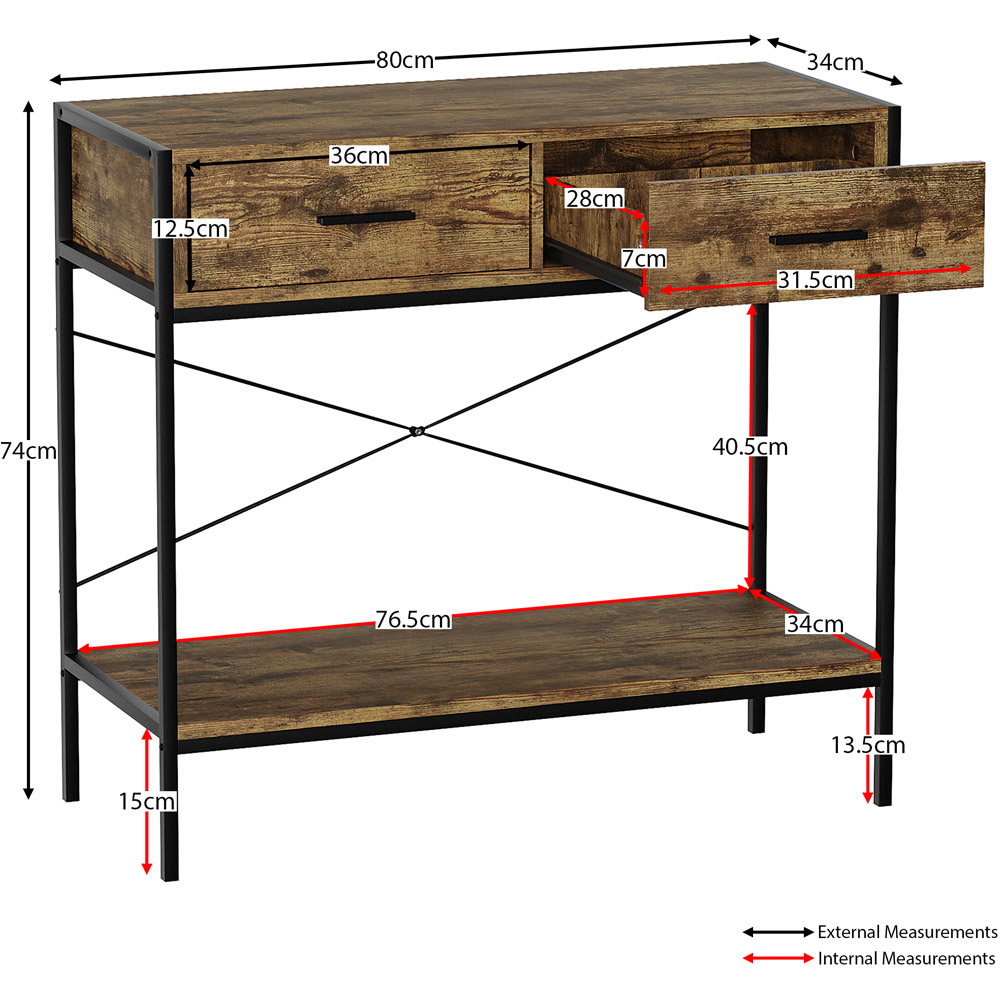 Home Vida Brooklyn 2 Drawer Dark Wood Industrial Console Table Image 7