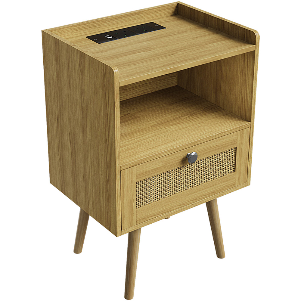 Living and Home Single Drawer Natural Wooden Bedside Table with Power Strip Set of 2 Image 2