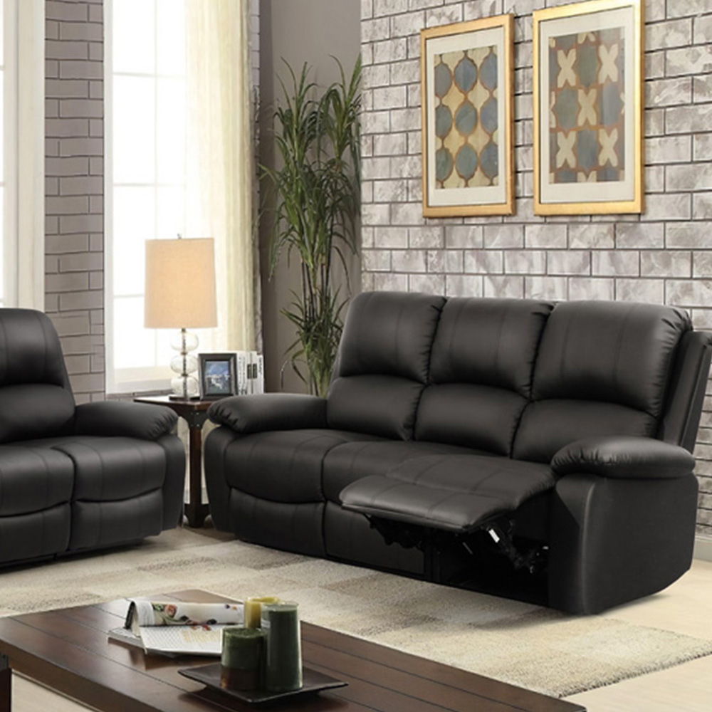 Brooklyn 6 Seater Black Bonded Leather Manual Recliner Sofa Set Image 3