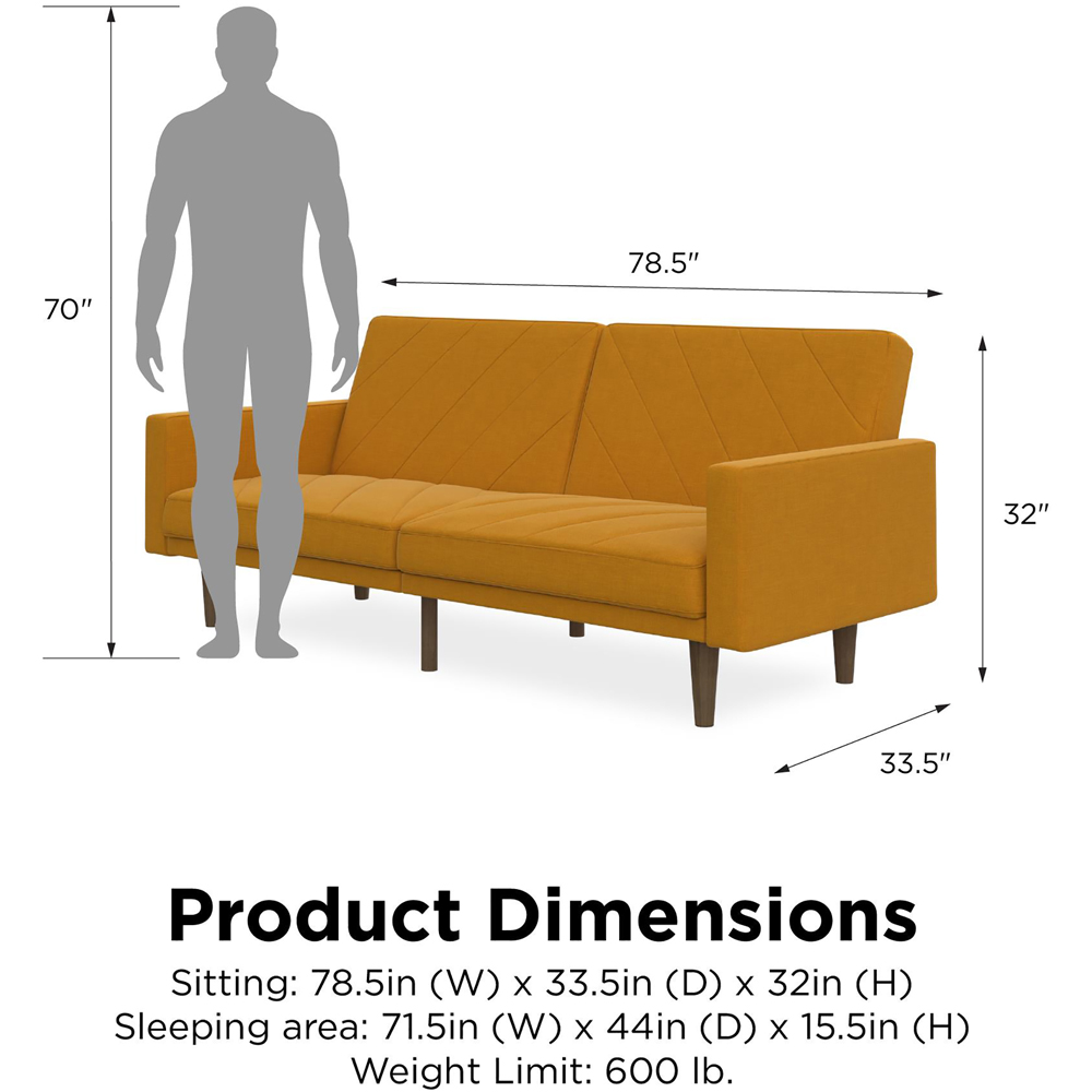 Dorel Paxson 3 Seater Linen Mustard Sofa Bed with Wooden Feet Image 9