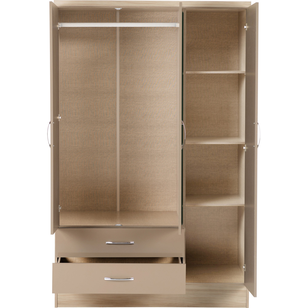 Seconique Nevada 3 Door 2 Drawer Oyster Gloss and Light Oak Veneer Mirror Wardrobe Image 4