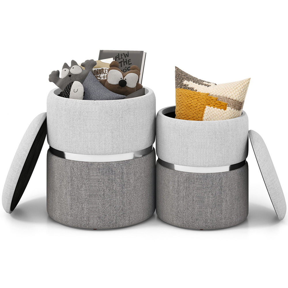 Costway Grey Round Linen Storage Ottoman Set of 2 Image 3