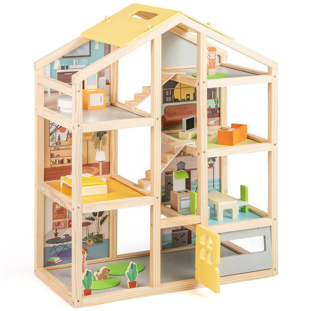 Costway Kids Yellow 18 Piece Wooden Dollhouse with 7 Rooms and Accessories Image 1